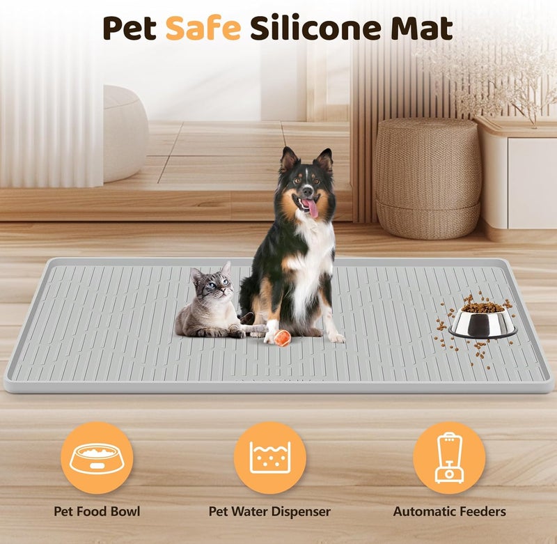 Bartuke Silicone Cat & Dog Food Mat, 36" x 24" Large Pet Feeding Mat for Cats and Dogs Bowl, Pet Placemat for Food and Water with Raised Edge, Waterproof, Leakproof (Grey) - Image 2